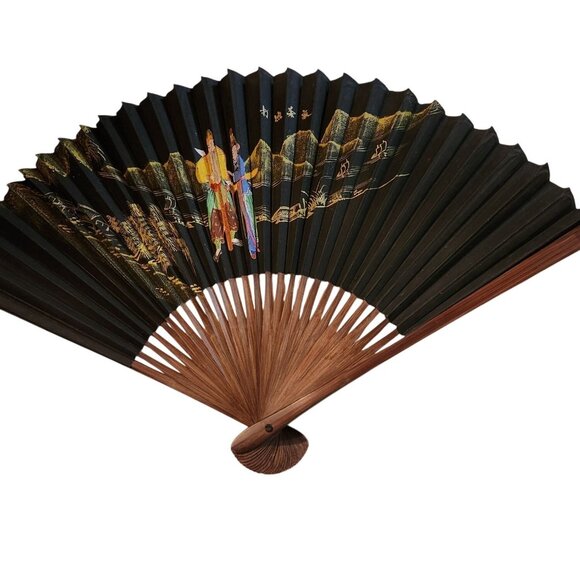 Hand-Painted Chinese Folding Fan Scenic  Bamboo Paper Includes Box - Picture 1 of 4